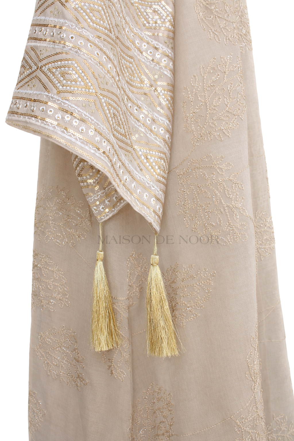 Leaf Embroidered Sequin Kaftan Abaya Dress - Beige