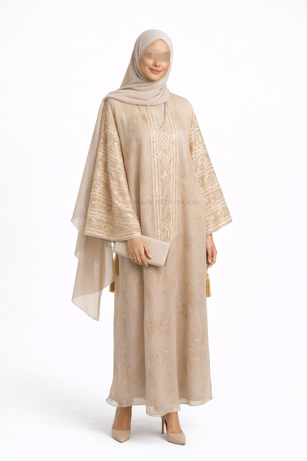 Leaf Embroidered Sequin Kaftan Abaya Dress - Beige