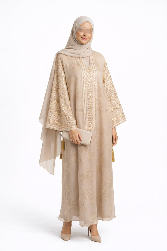 Leaf Embroidered Sequin Kaftan Abaya Dress - Beige