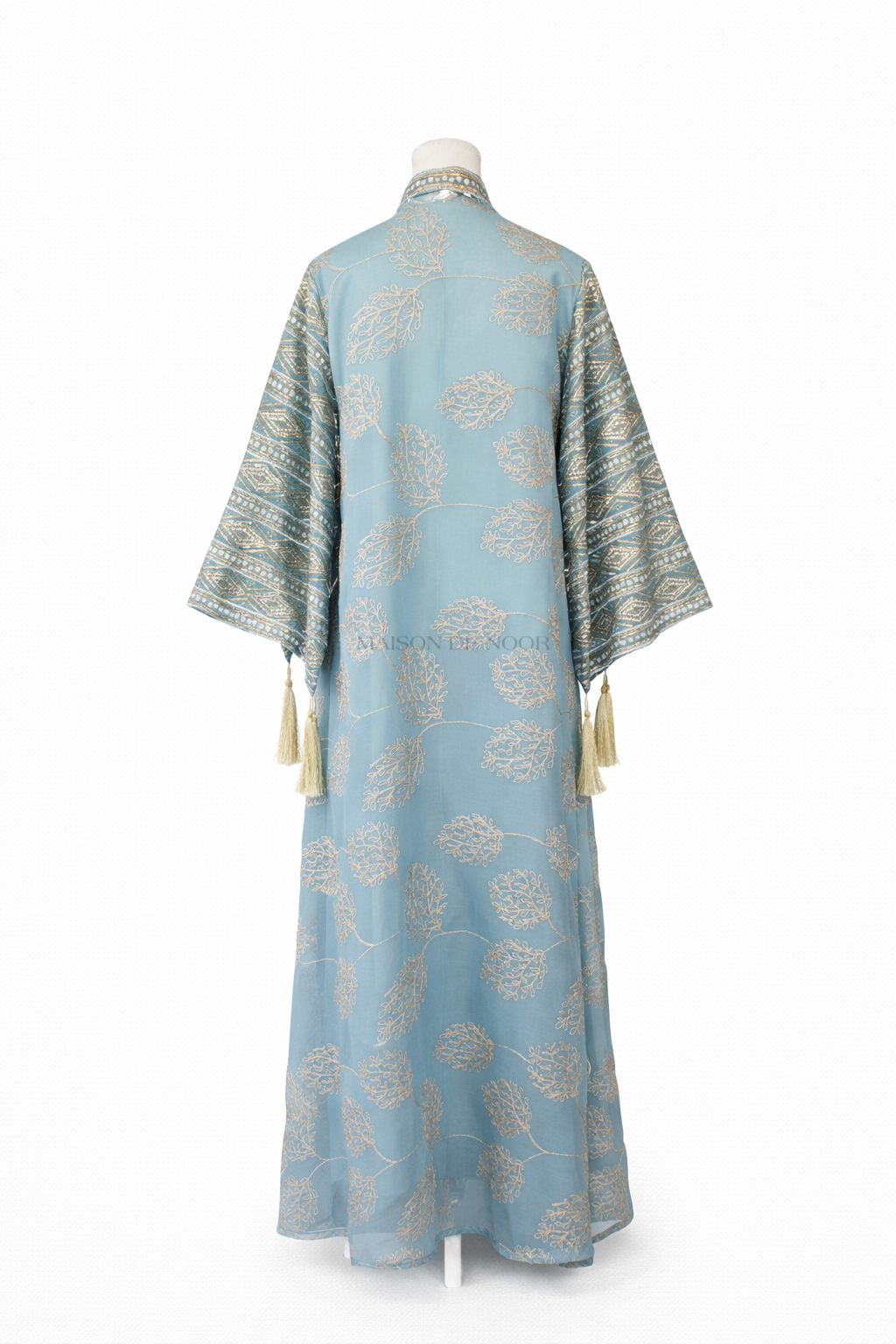 Leaf Embroidered Sequin Kaftan Abaya Dress - Sky Blue