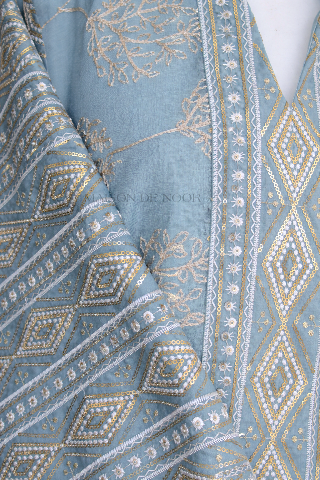 Leaf Embroidered Sequin Kaftan Abaya Dress - Sky Blue