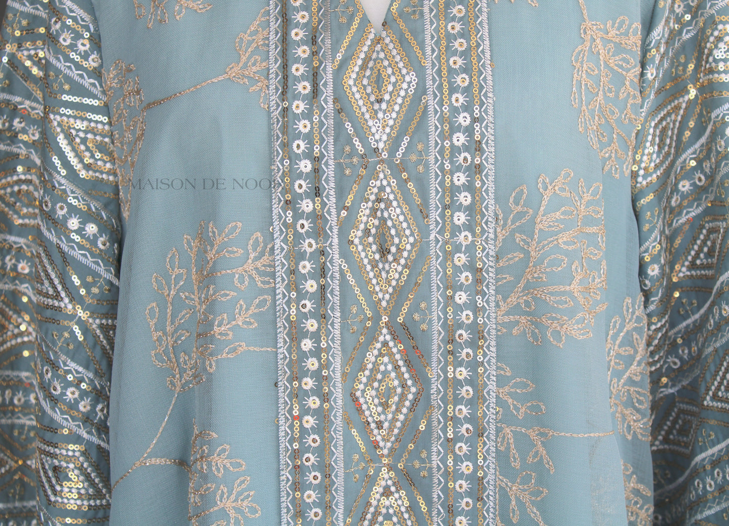 Leaf Embroidered Sequin Kaftan Abaya Dress - Sky Blue