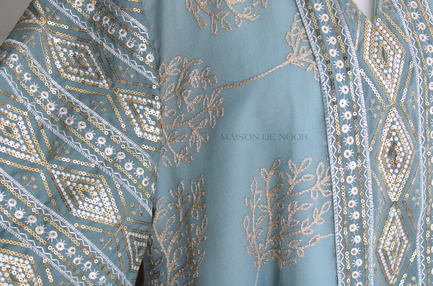 Leaf Embroidered Sequin Kaftan Abaya Dress - Sky Blue