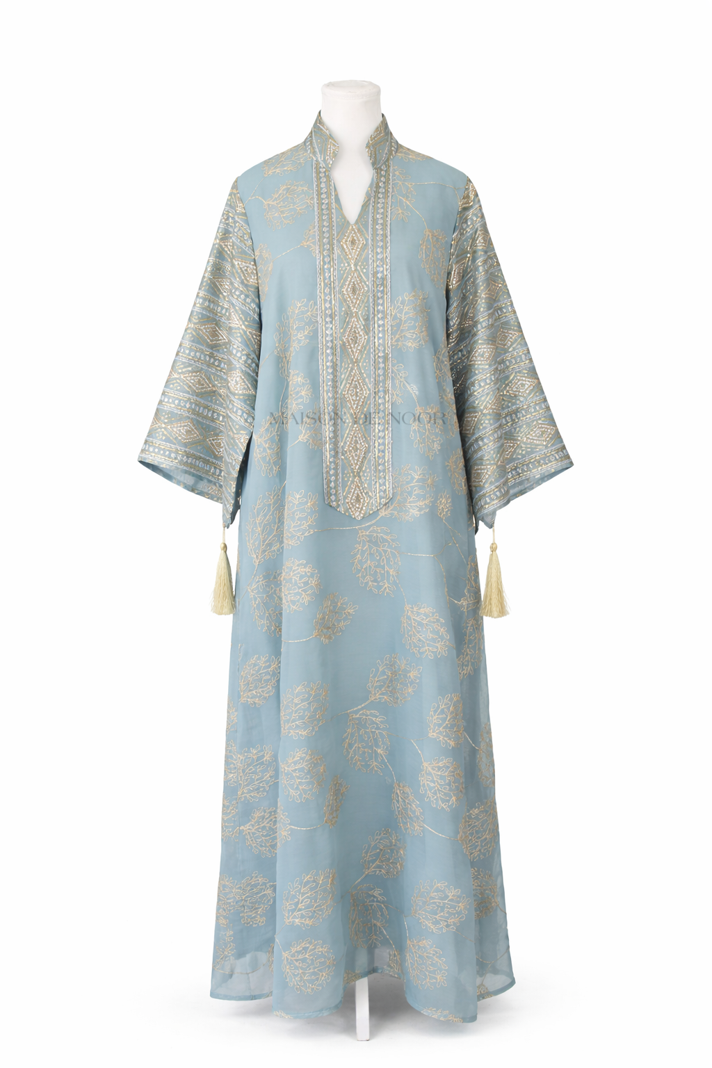 Leaf Embroidered Sequin Kaftan Abaya Dress - Sky Blue