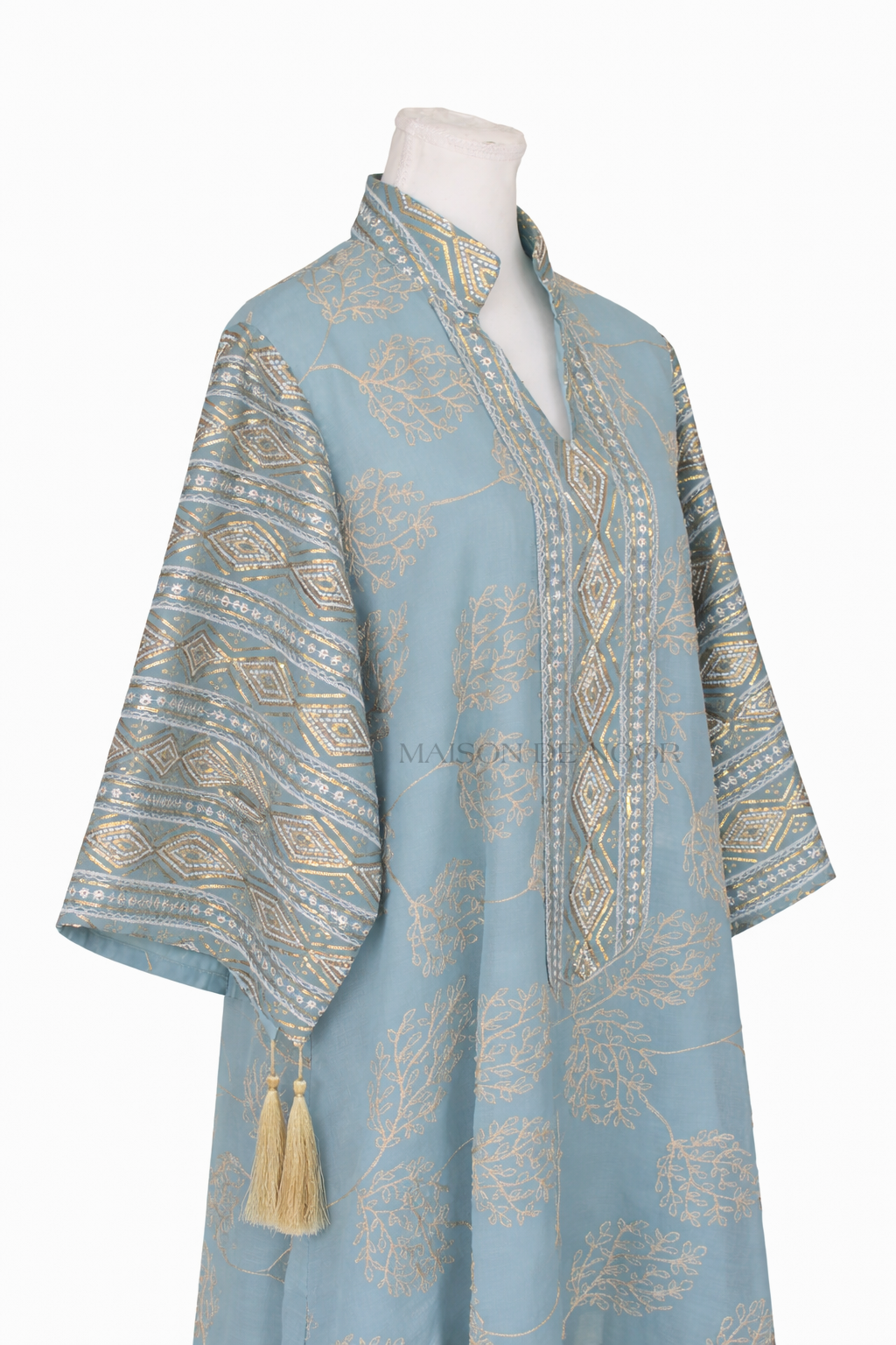 Leaf Embroidered Sequin Kaftan Abaya Dress - Sky Blue