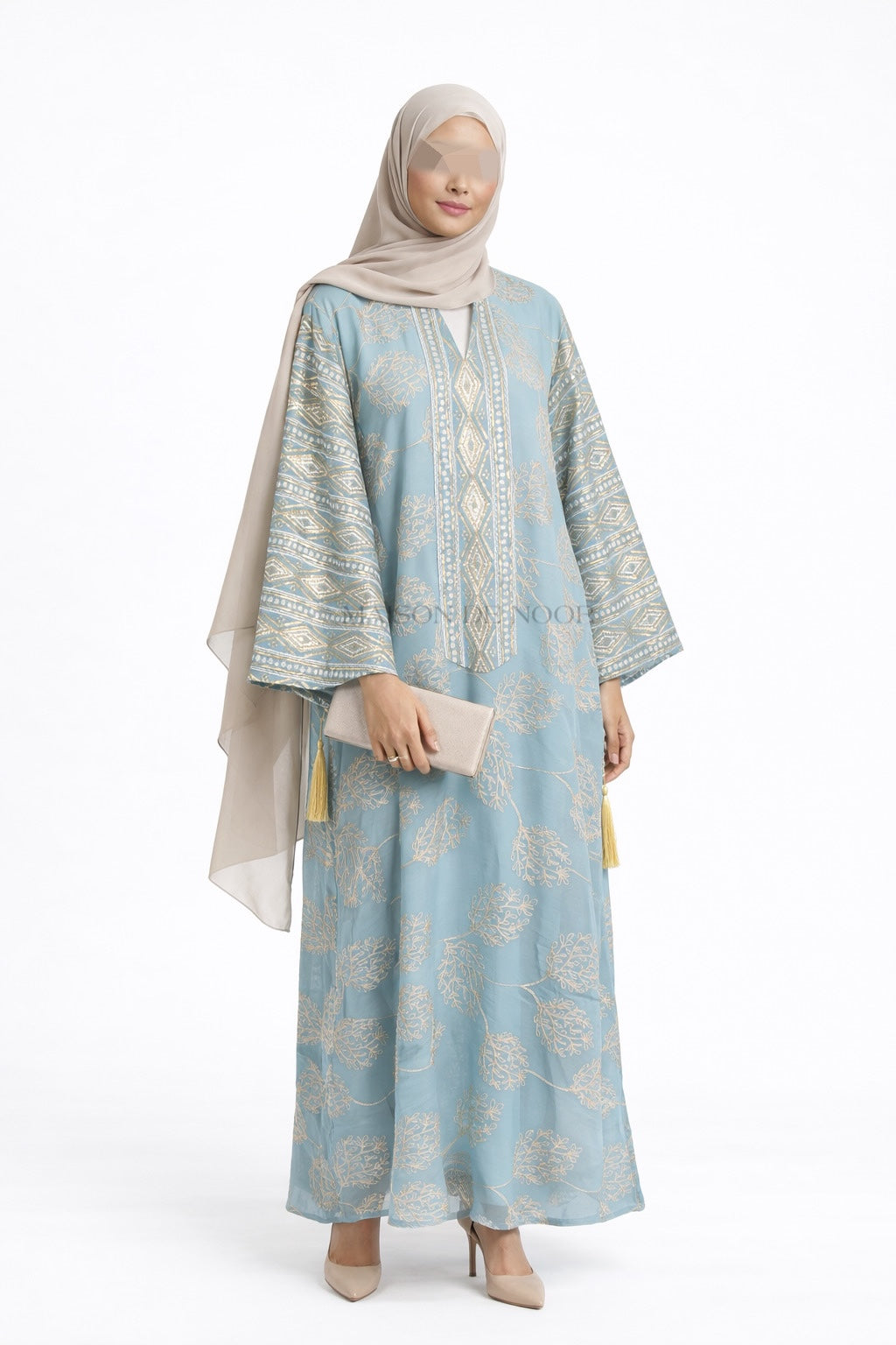 Leaf Embroidered Sequin Kaftan Abaya Dress - Sky Blue