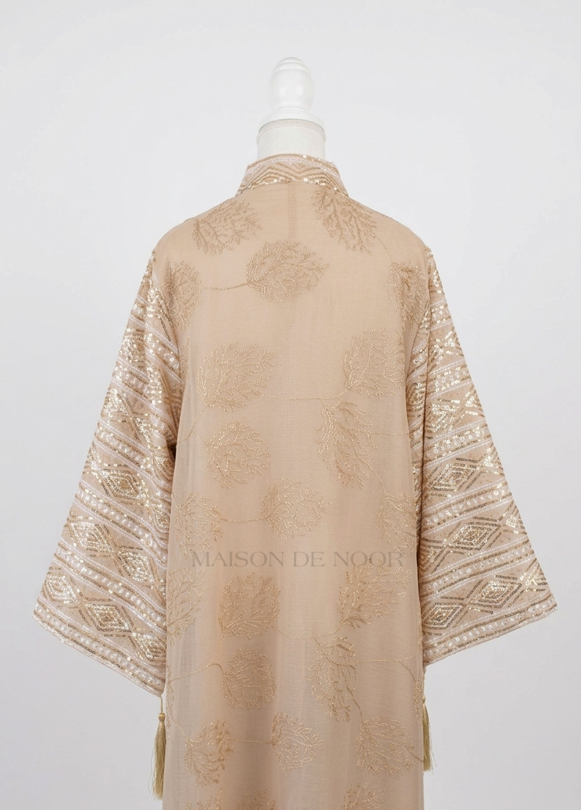 Leaf Embroidered Sequin Kaftan Abaya Dress - Beige