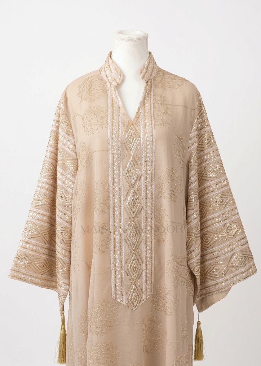 Leaf Embroidered Sequin Kaftan Abaya Dress - Beige