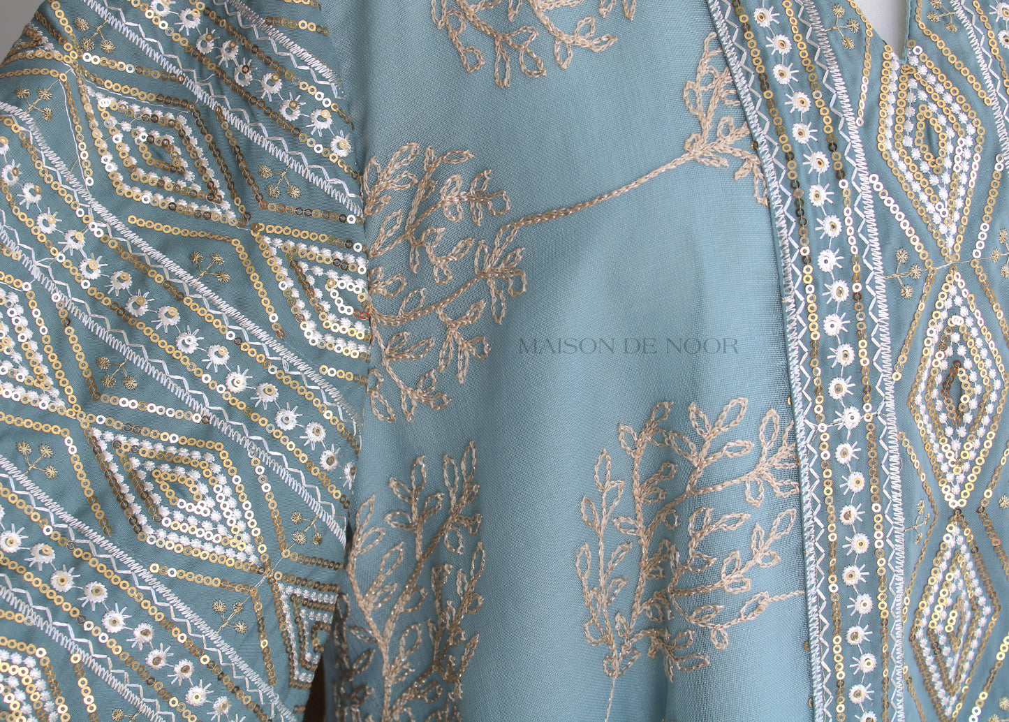 Leaf Embroidered Sequin Kaftan Abaya Dress - Sky Blue