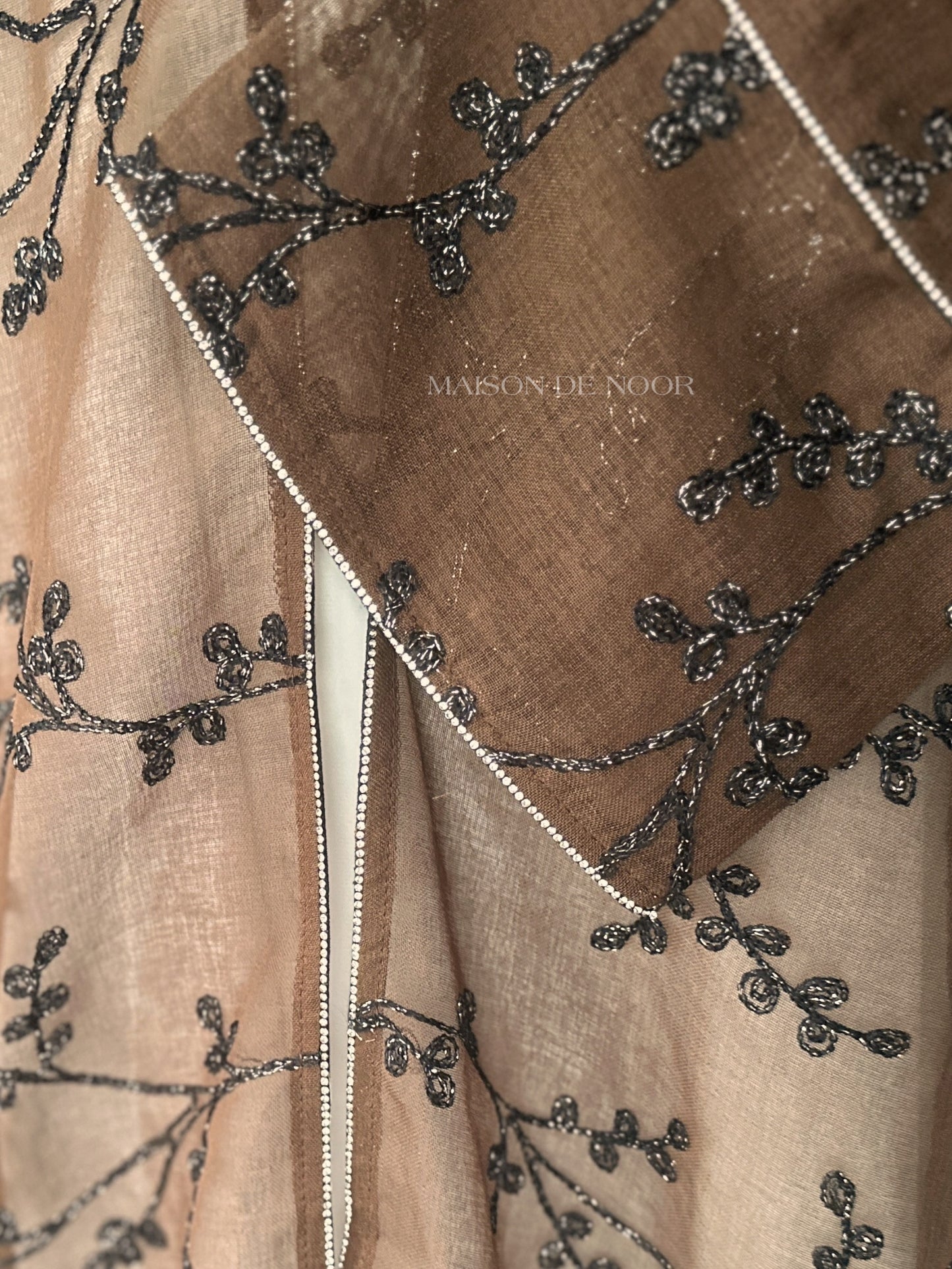 Sheer Organza Vine Embroidered Open Abaya - Chocolate Brown