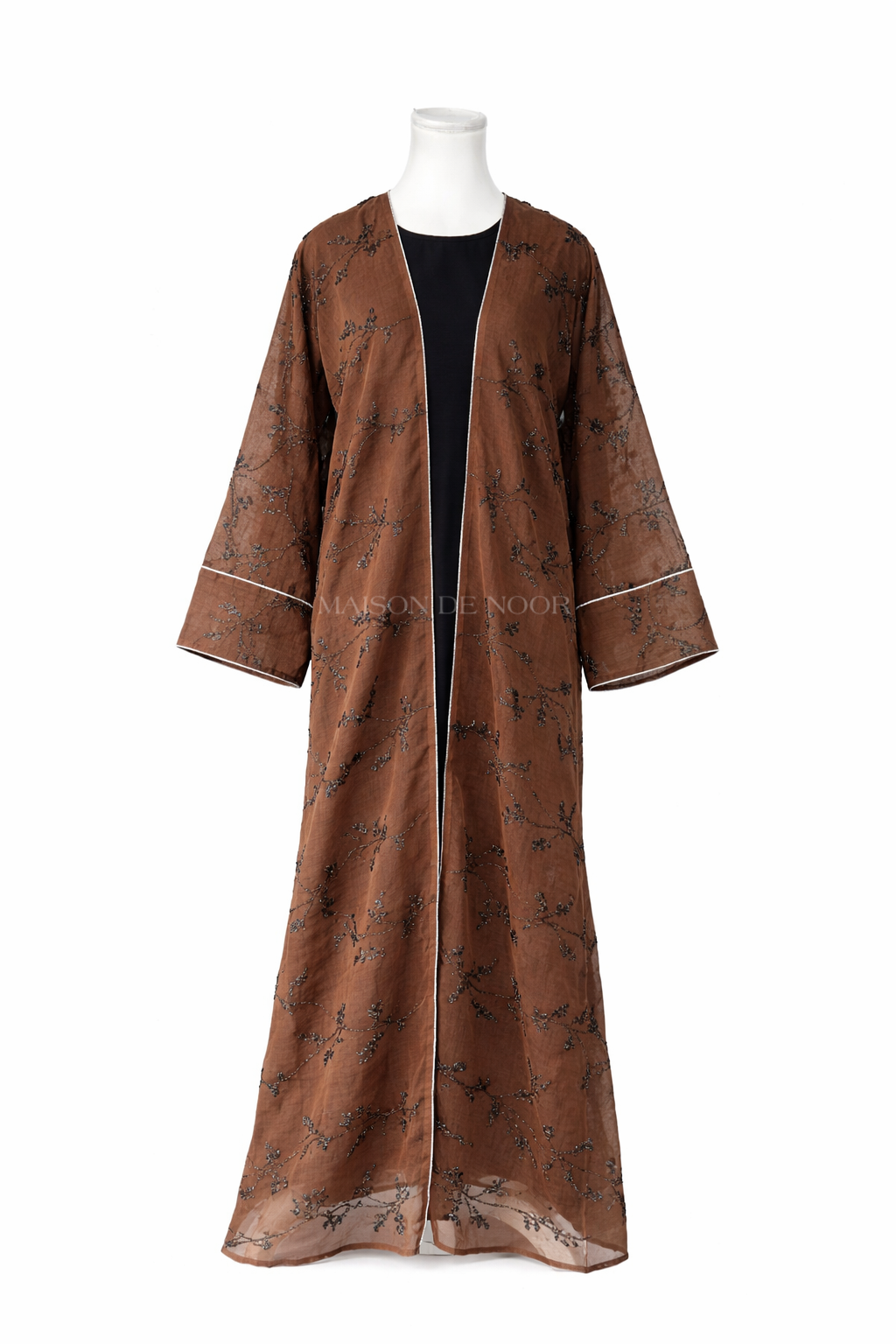 Sheer Organza Vine Embroidered Open Abaya - Chocolate Brown