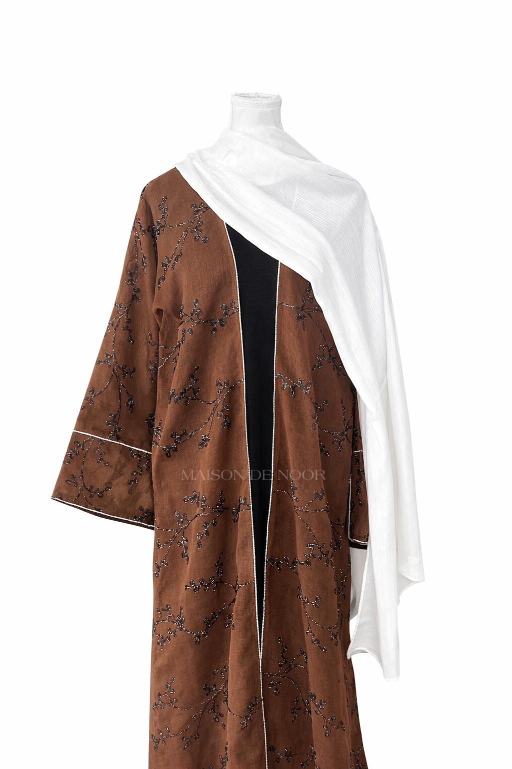 Sheer Organza Vine Embroidered Open Abaya - Chocolate Brown