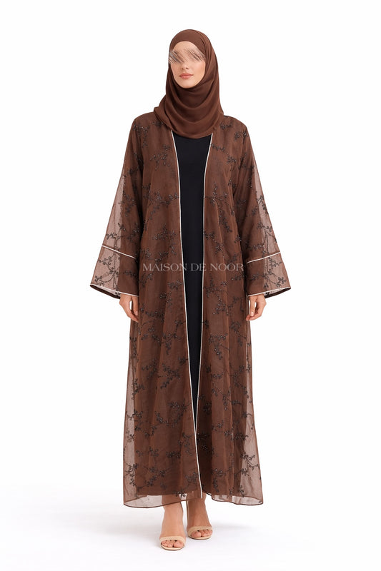 Sheer Organza Vine Embroidered Open Abaya - Chocolate Brown