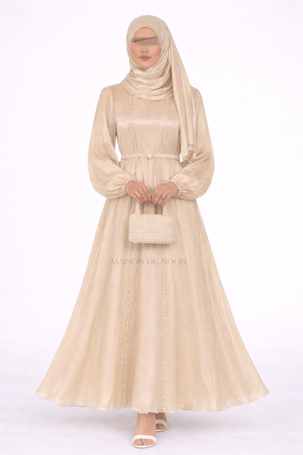 Pearl Embellished Abaya 5-Piece Set - Shimmery Gold