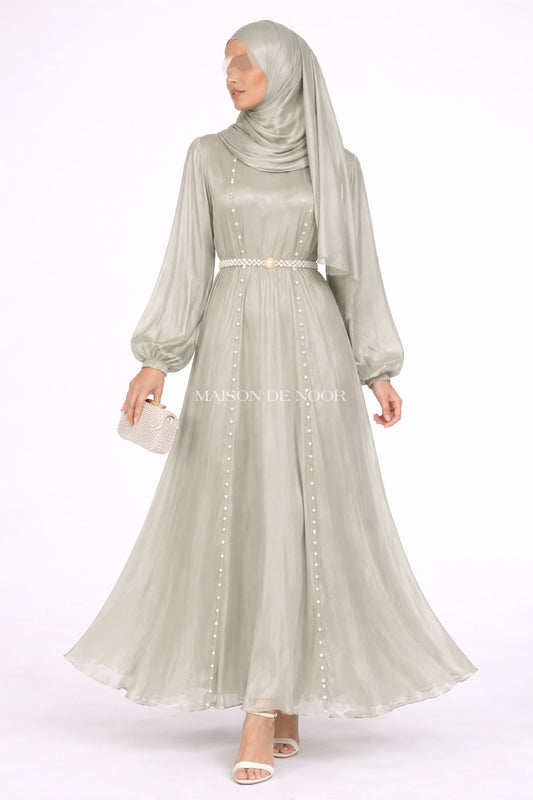 Pearl Embellished Abaya 5-Piece Set - Shimmery Sage Green