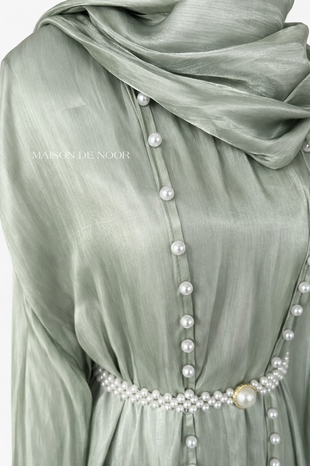 Pearl Embellished Abaya 5-Piece Set - Shimmery Sage Green