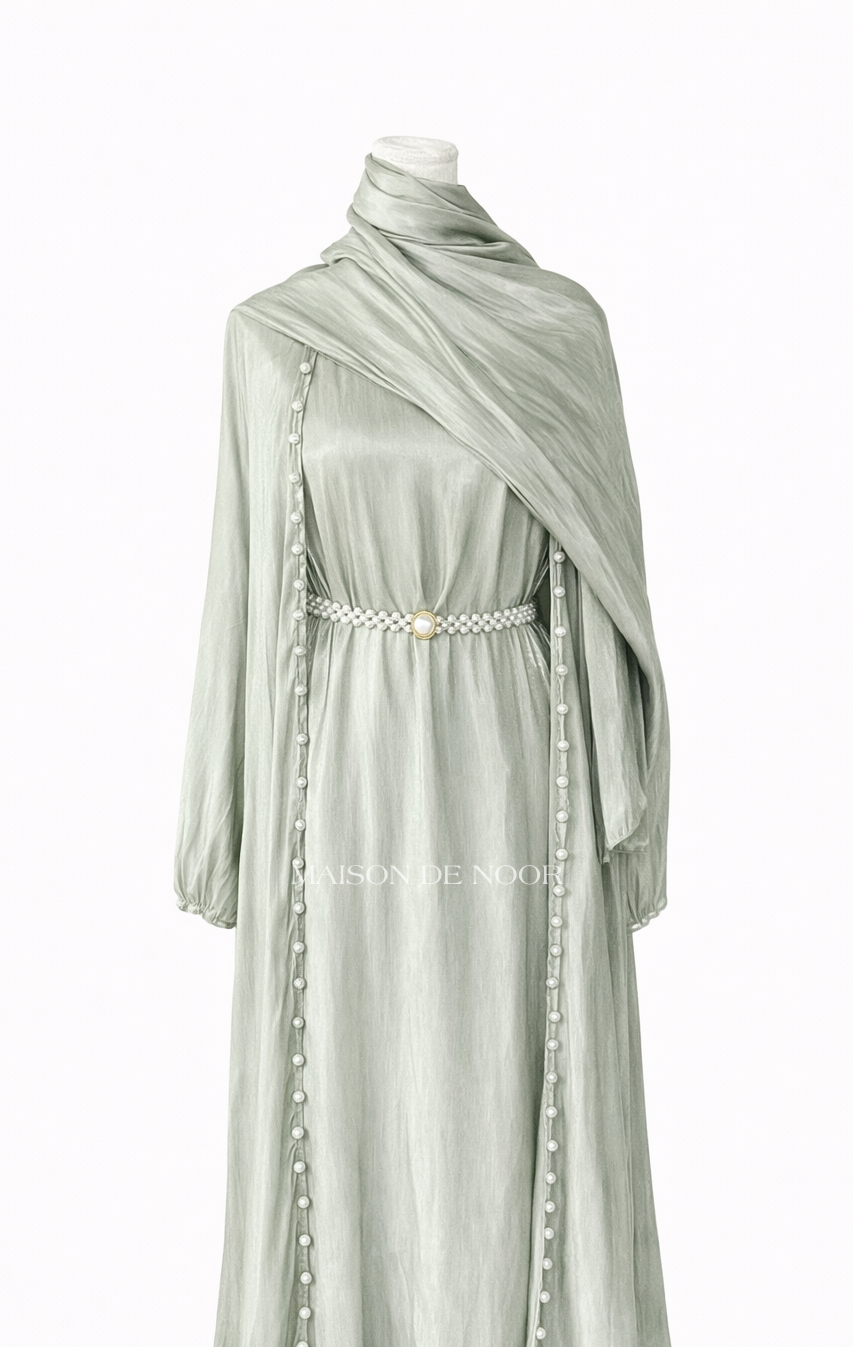 Pearl Embellished Abaya 5-Piece Set - Shimmery Sage Green