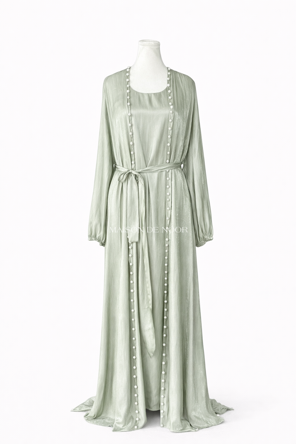 Pearl Embellished Abaya 5-Piece Set - Shimmery Sage Green