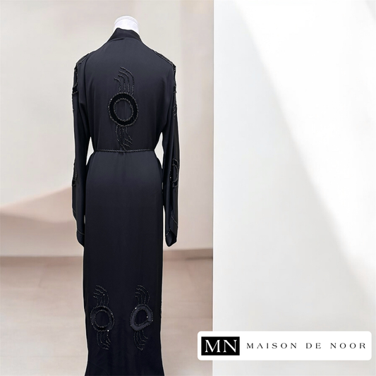 MN Occasions | Handmade Beaded Velvet Abaya - Midnight Black | FINAL SALE