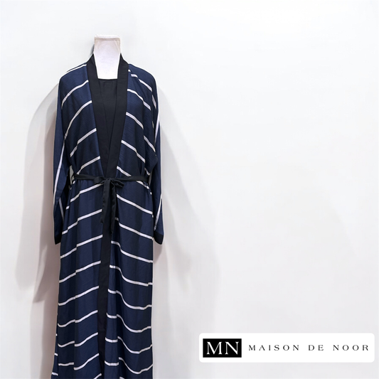 MN Essentials | Striped Open Abaya - Marine Blue