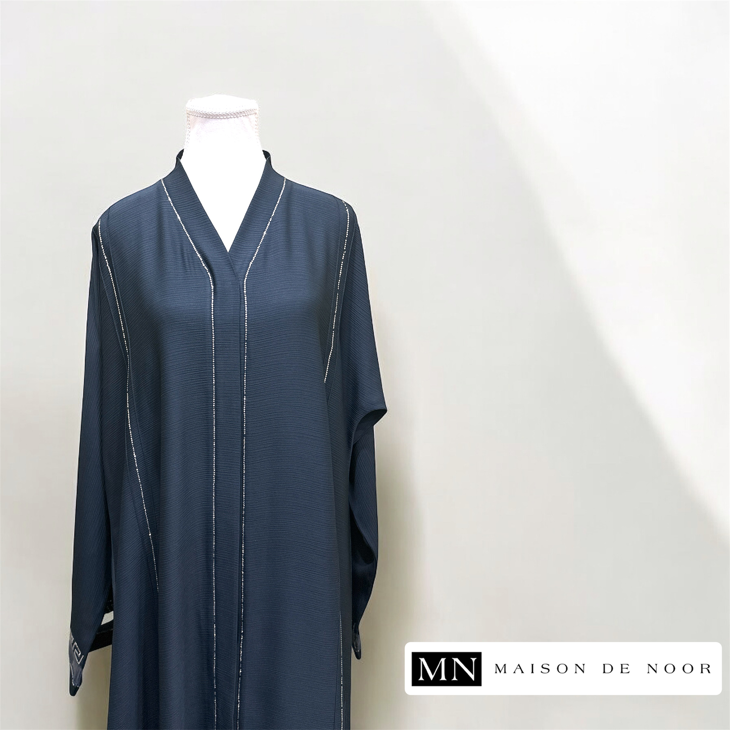 MN Occasions | Pleated Organza Button-down Open Abaya - Steel Blue Grey