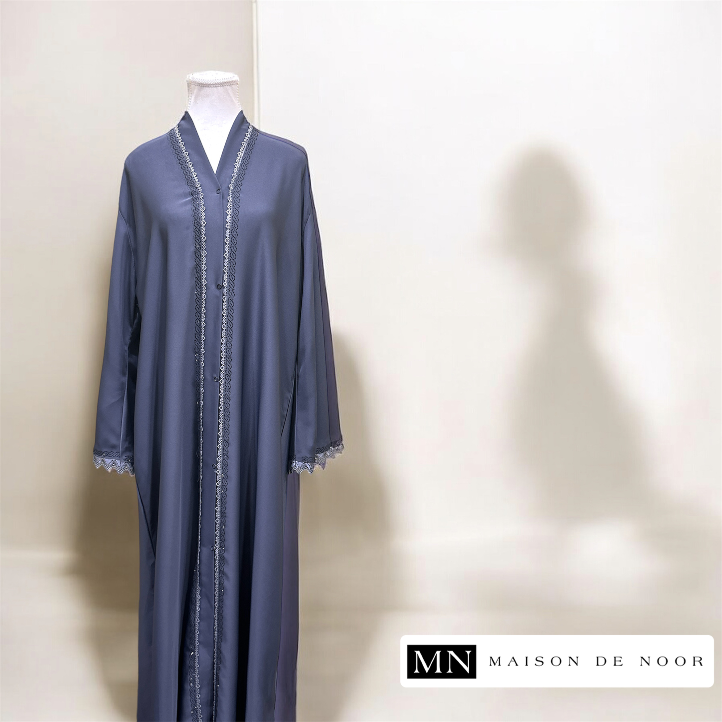 MN Occasions | Sequin Lace Button-down Open Abaya - Indigo Blue