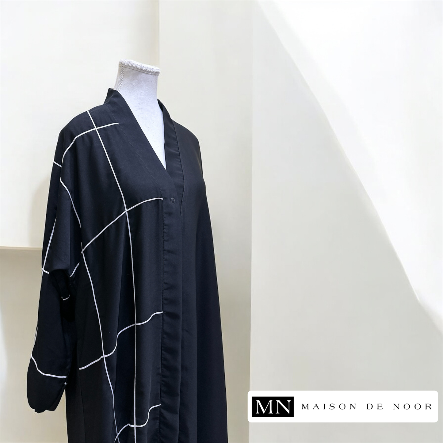 MN Essentials | Modern Black Grid Abaya Dress - Classic White | FINAL SALE