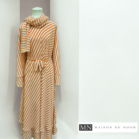 Chiffon Printed Ruffled Abaya Dress - Peach Stripes