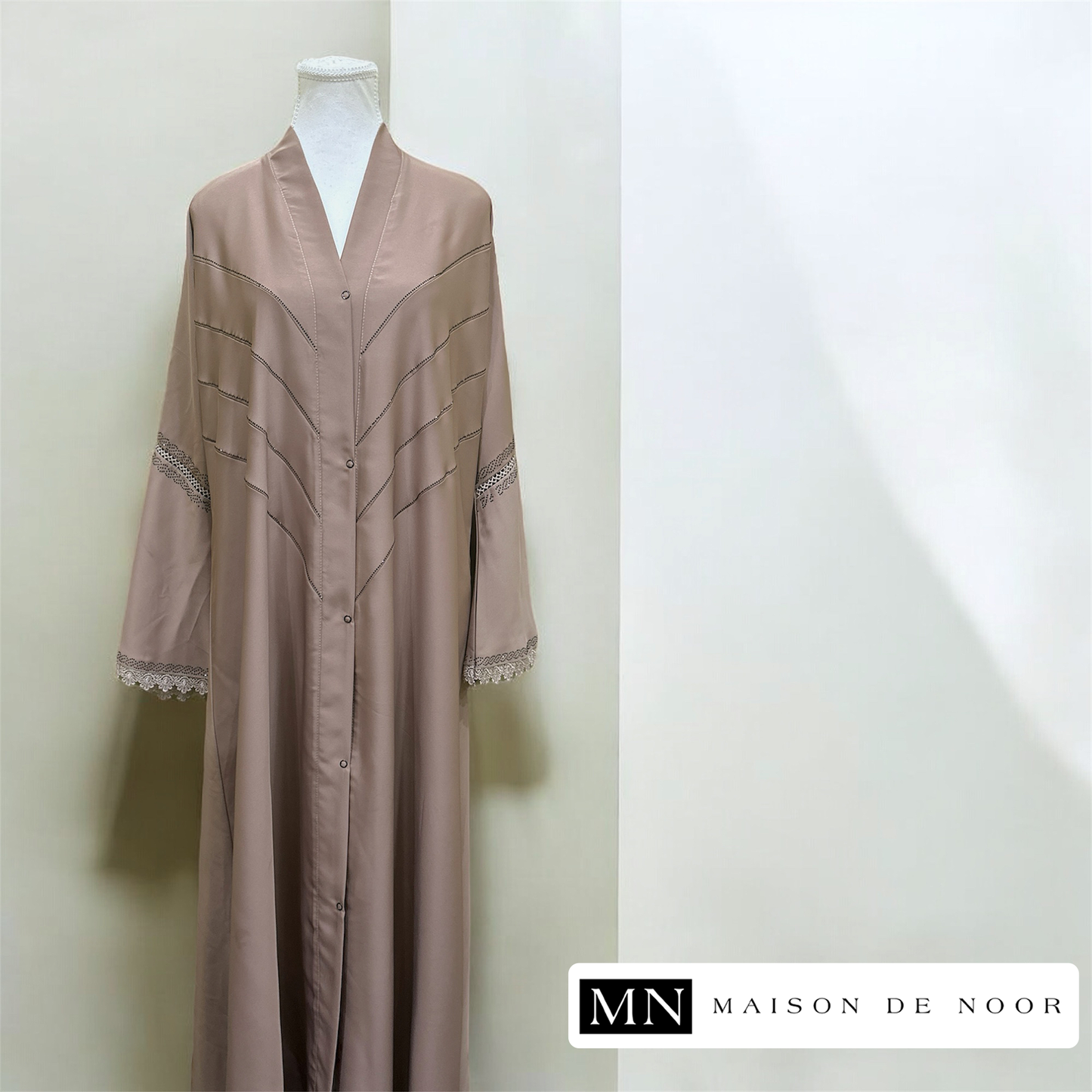 MN Occasions | PEONY - Sequin Lace Button-down Open Abaya - Beige Pink