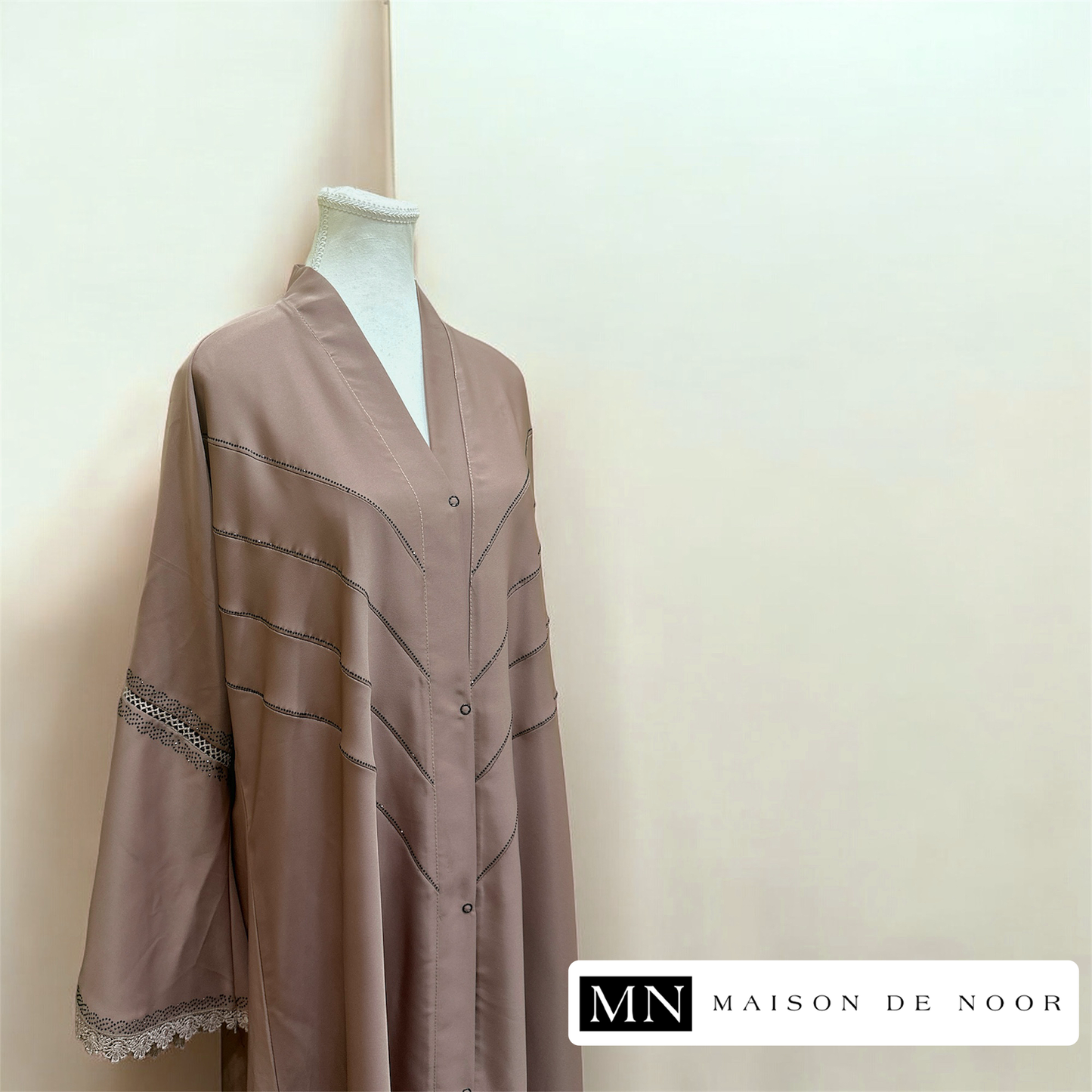 MN Occasions | PEONY - Sequin Lace Button-down Open Abaya - Beige Pink