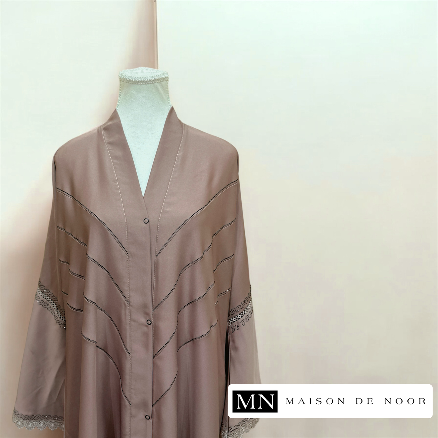 MN Occasions | PEONY - Sequin Lace Button-down Open Abaya - Beige Pink