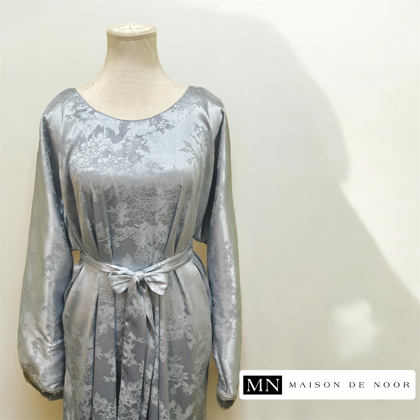 MN Occasions | Luxe Satin Belted Abaya - Ice Blue - LIMITED EDITION