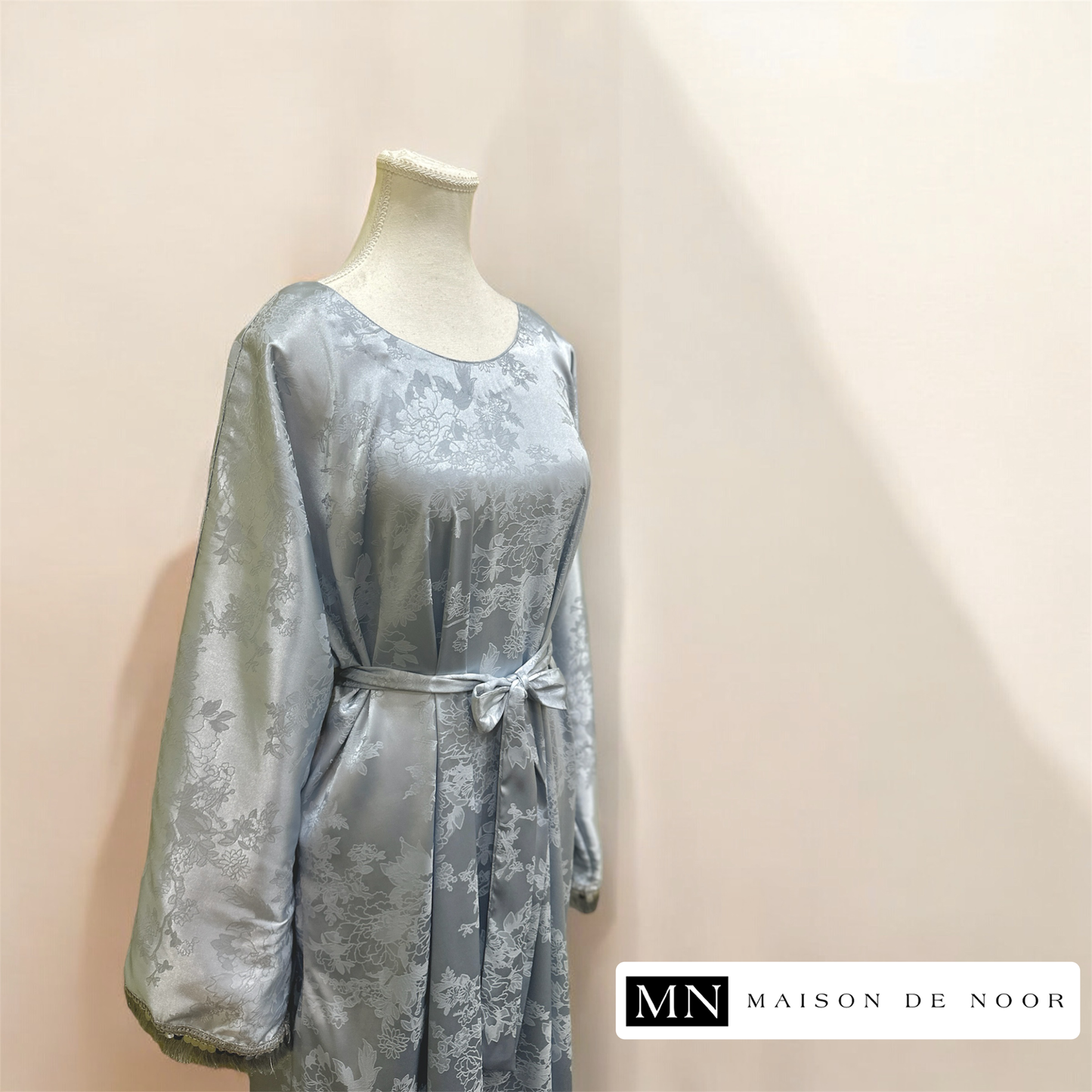 MN Occasions | Luxe Satin Belted Abaya - Ice Blue - LIMITED EDITION