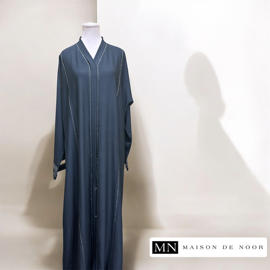 MN Occasions | Pleated Organza Button-down Open Abaya - Steel Blue Grey