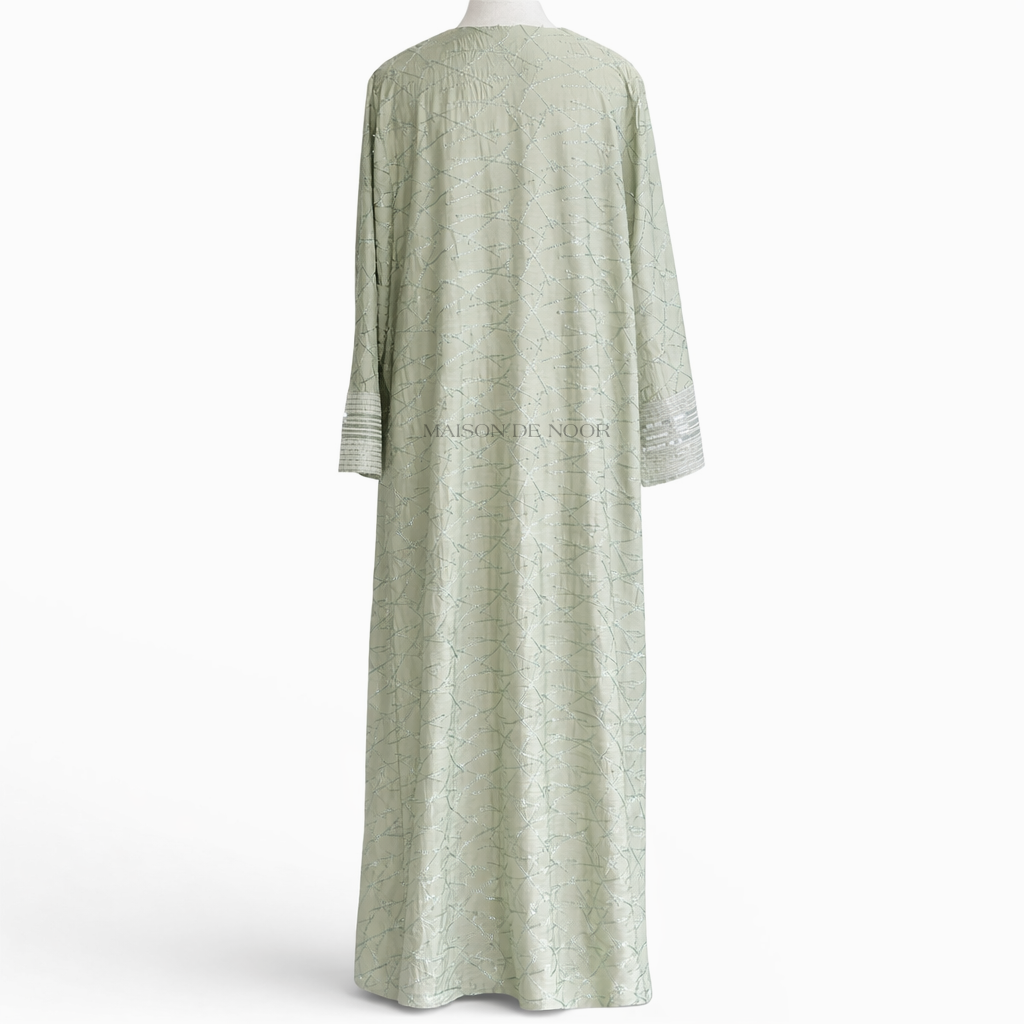 Sequin Embroidered V-Neck Abaya - Sage Green