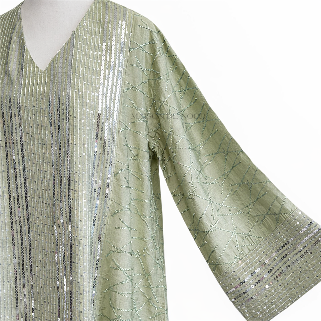 Sequin Embroidered V-Neck Abaya - Sage Green