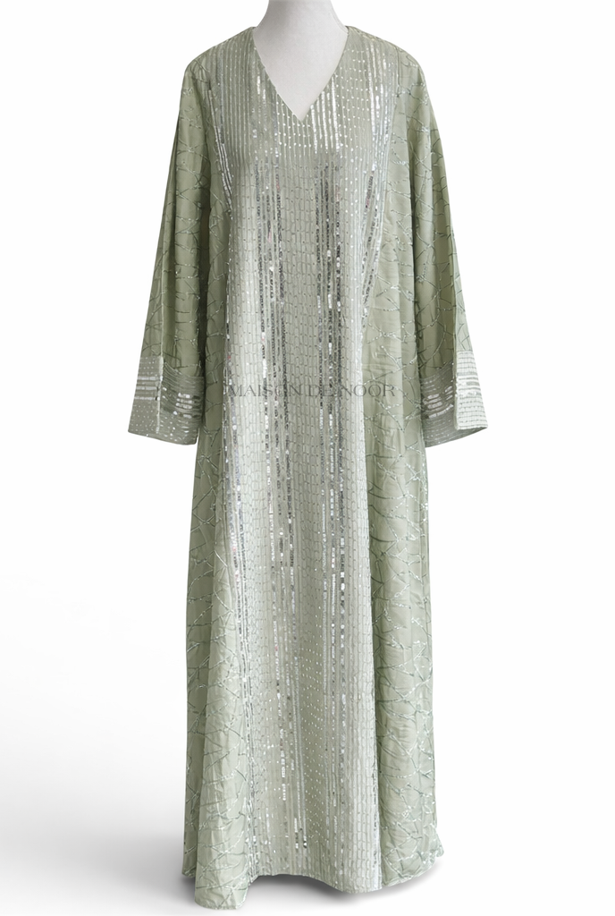 Sequin Embroidered V-Neck Abaya - Sage Green