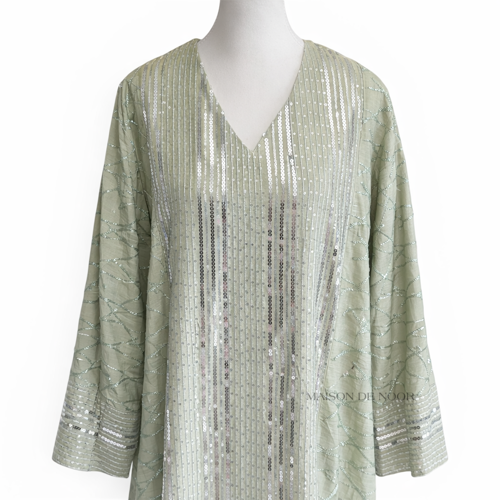 Sequin Embroidered V-Neck Abaya - Sage Green
