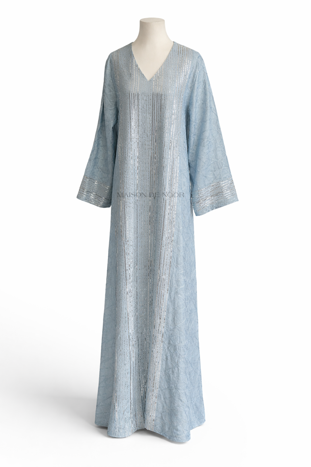 Sequin Embroidered V-Neck Abaya - Light Blue