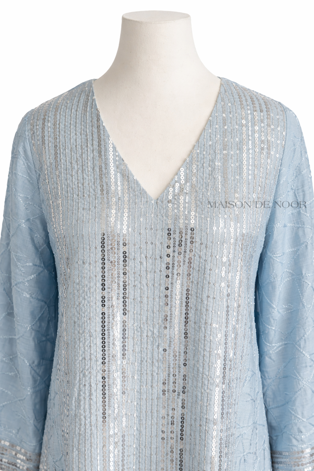 Sequin Embroidered V-Neck Abaya - Light Blue