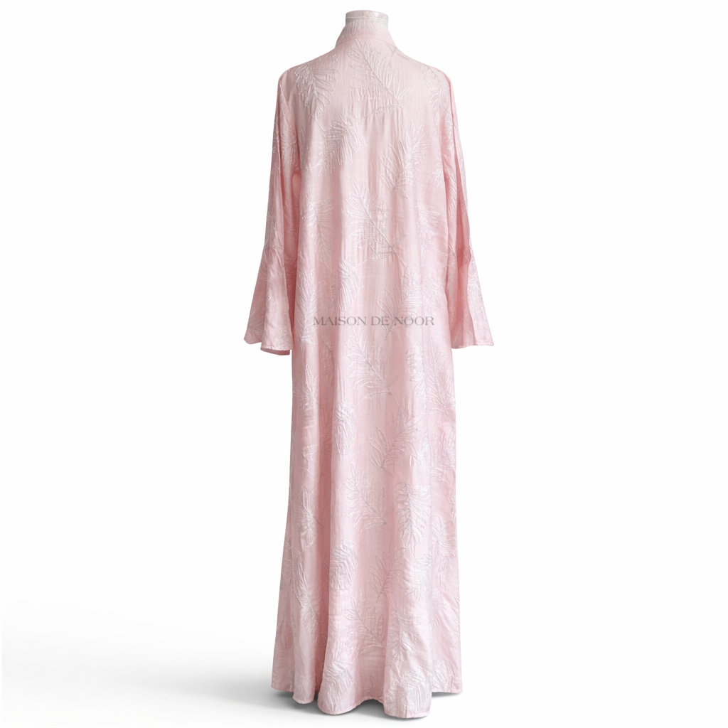 Sequin Embroidered Leaf Abaya Flare Sleeves - Baby Pink