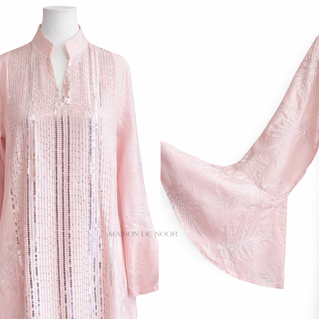 Sequin Embroidered Leaf Abaya Flare Sleeves - Baby Pink