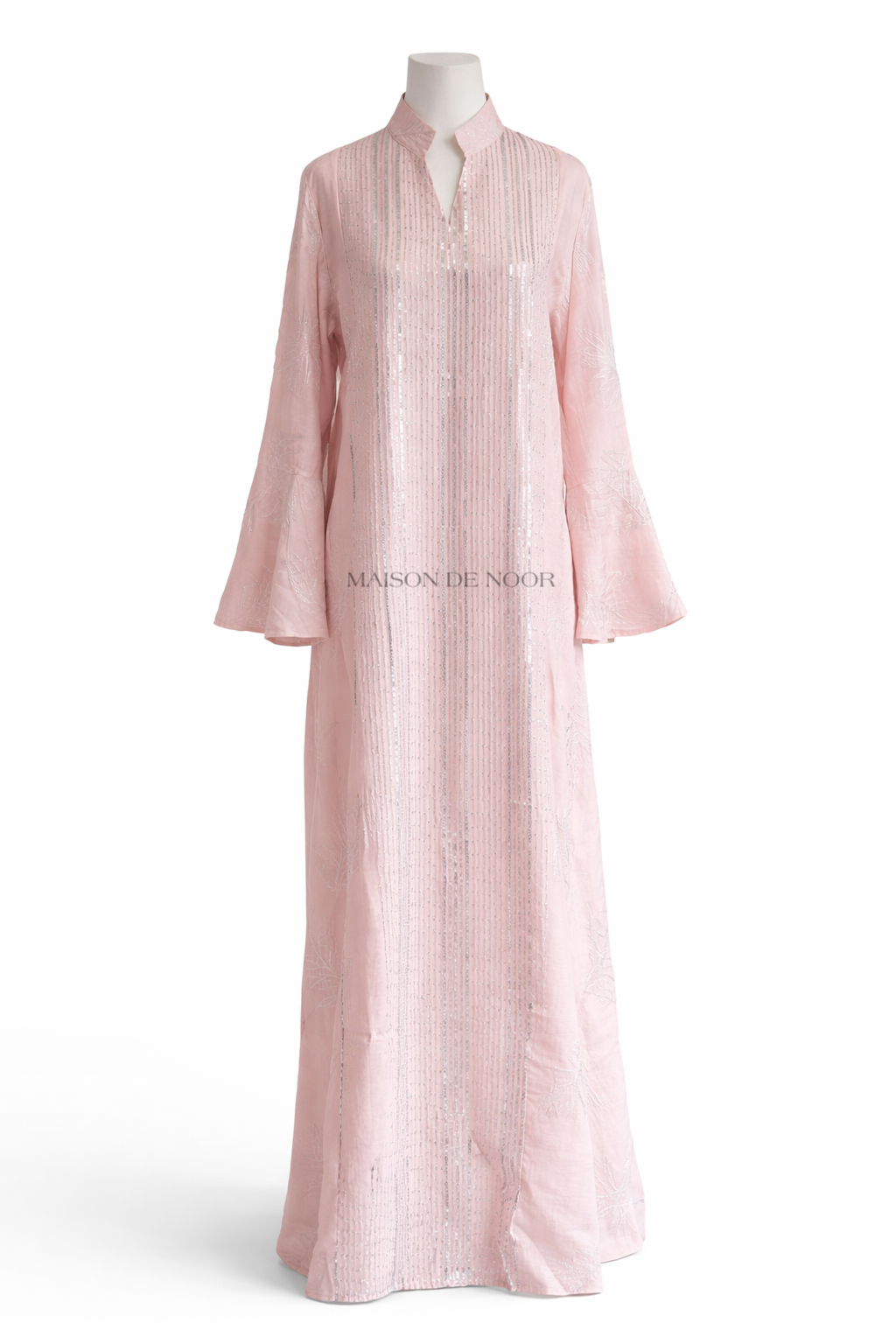 Sequin Embroidered Leaf Abaya Flare Sleeves - Baby Pink