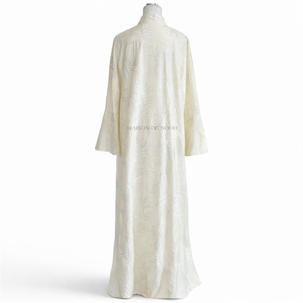 Sequin Embroidered Leaf Abaya Flare Sleeves - Pale Yellow
