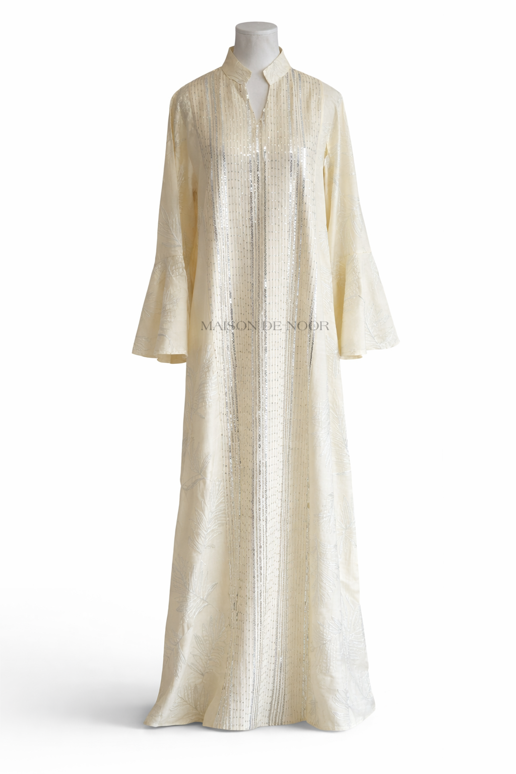 Sequin Embroidered Leaf Abaya Flare Sleeves - Pale Yellow