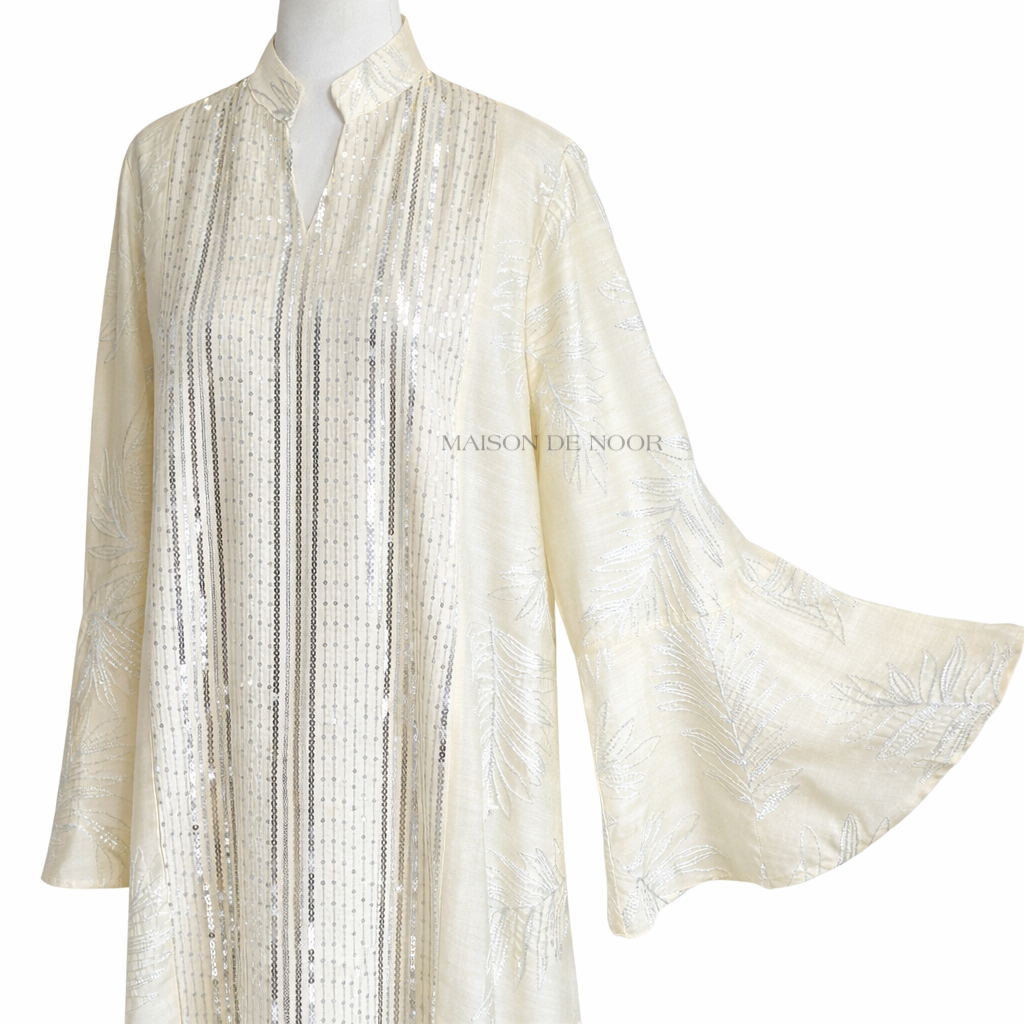 Sequin Embroidered Leaf Abaya Flare Sleeves - Pale Yellow