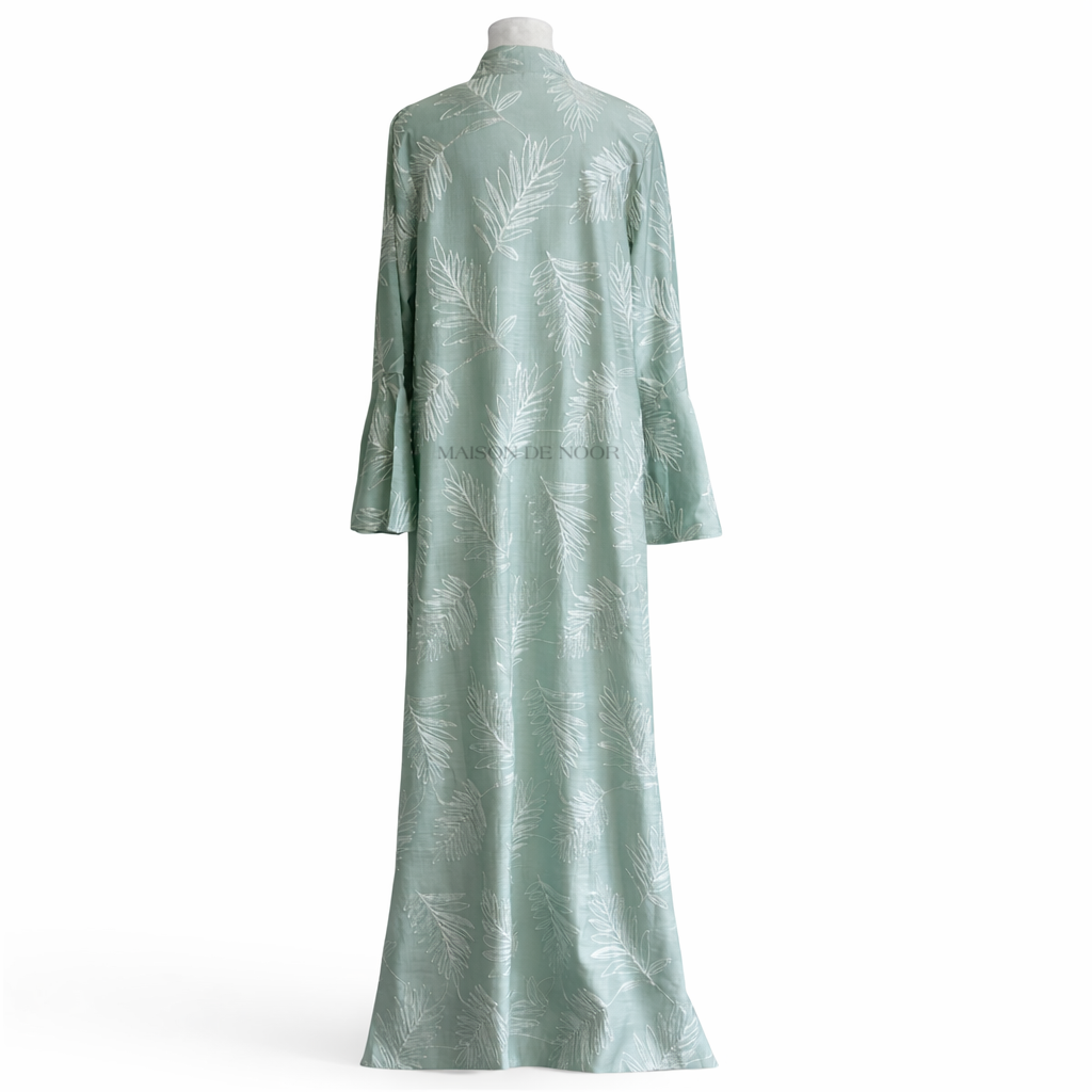 Sequin Embroidered Leaf Abaya Flare Sleeves - Sea Green