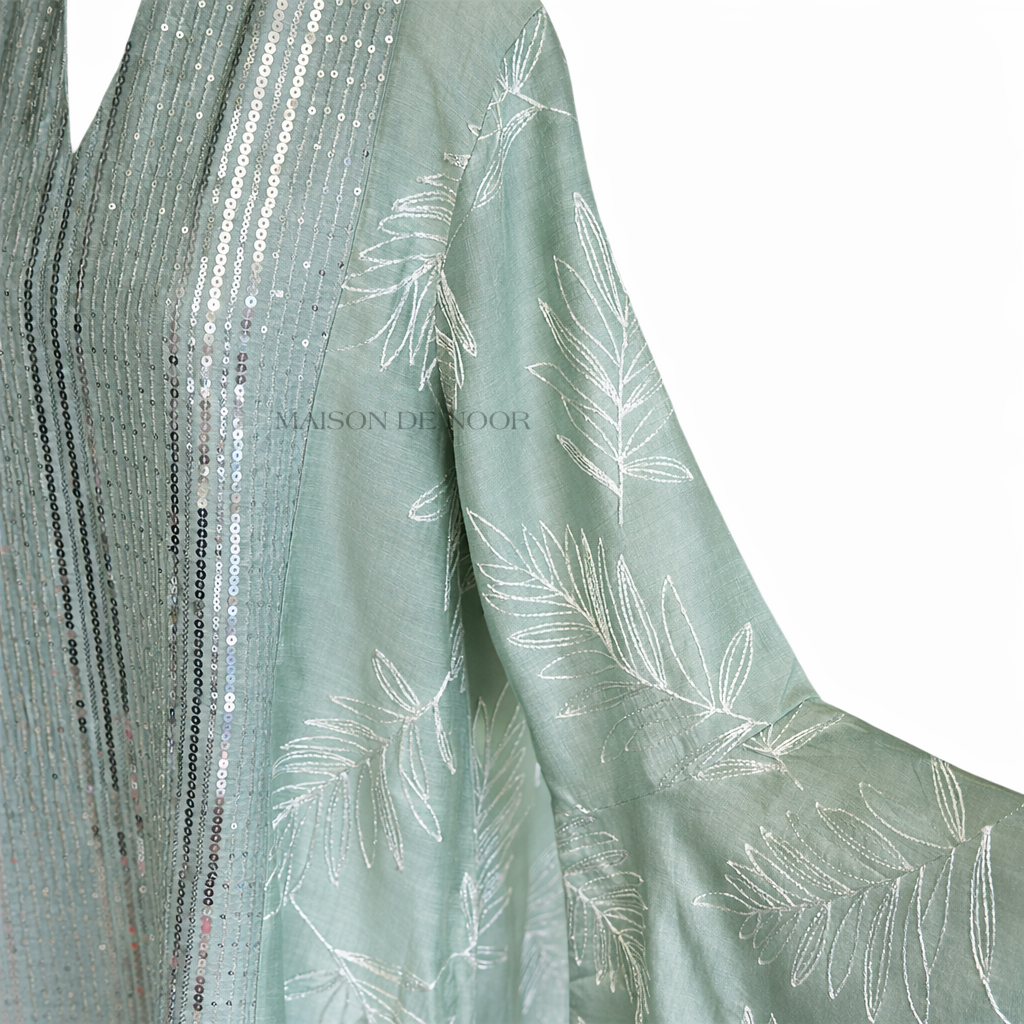 Sequin Embroidered Leaf Abaya Flare Sleeves - Sea Green