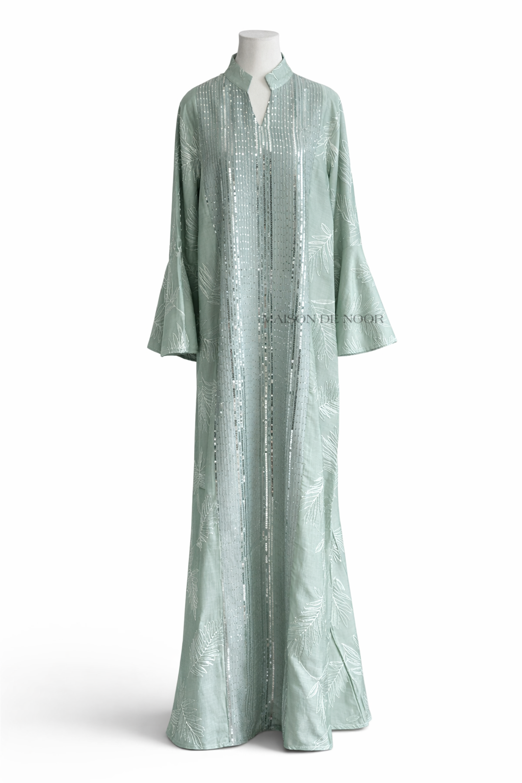Sequin Embroidered Leaf Abaya Flare Sleeves - Sea Green