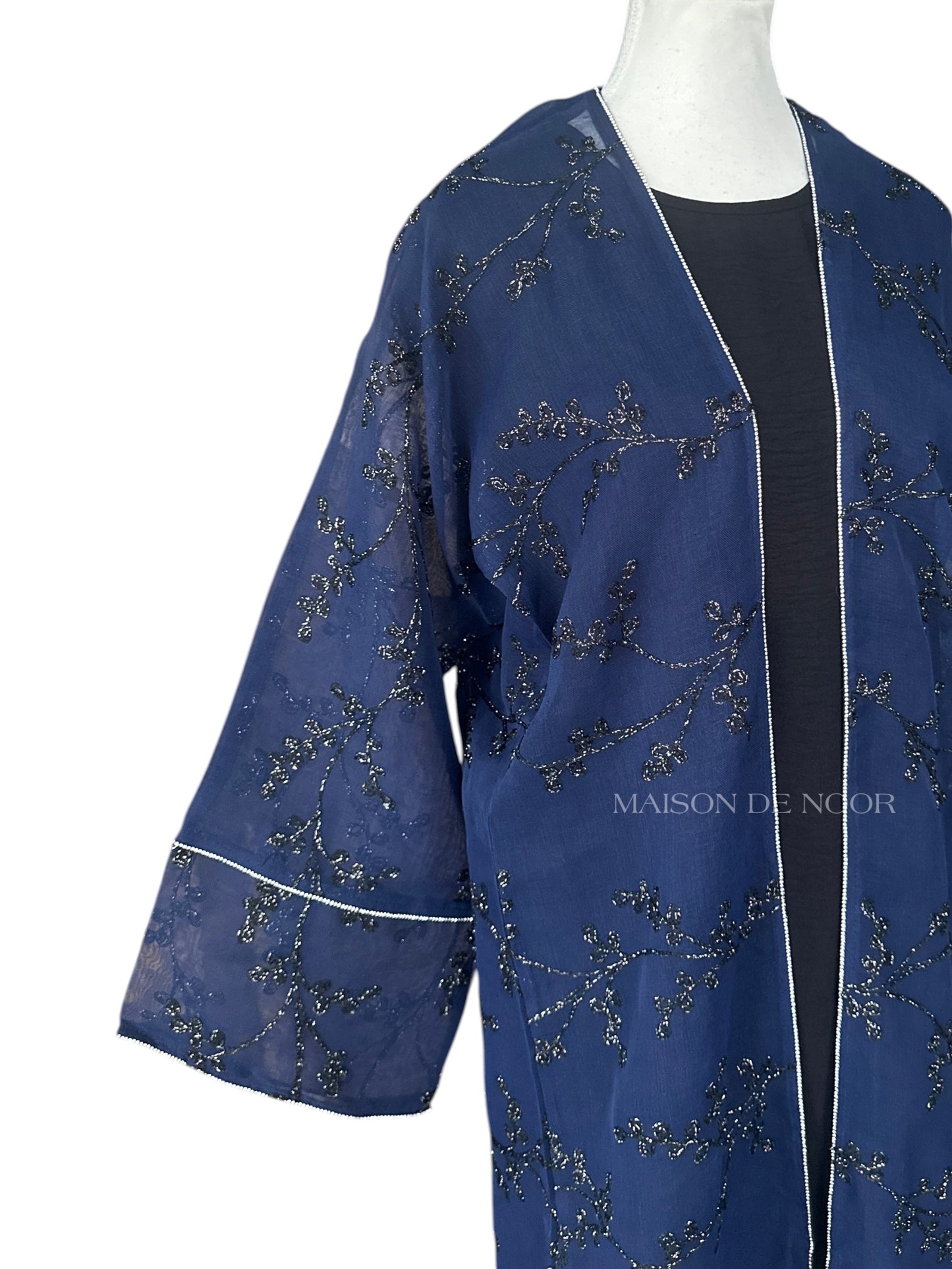 Sheer Organza Vine Embroidered Open Abaya - Dark Blue